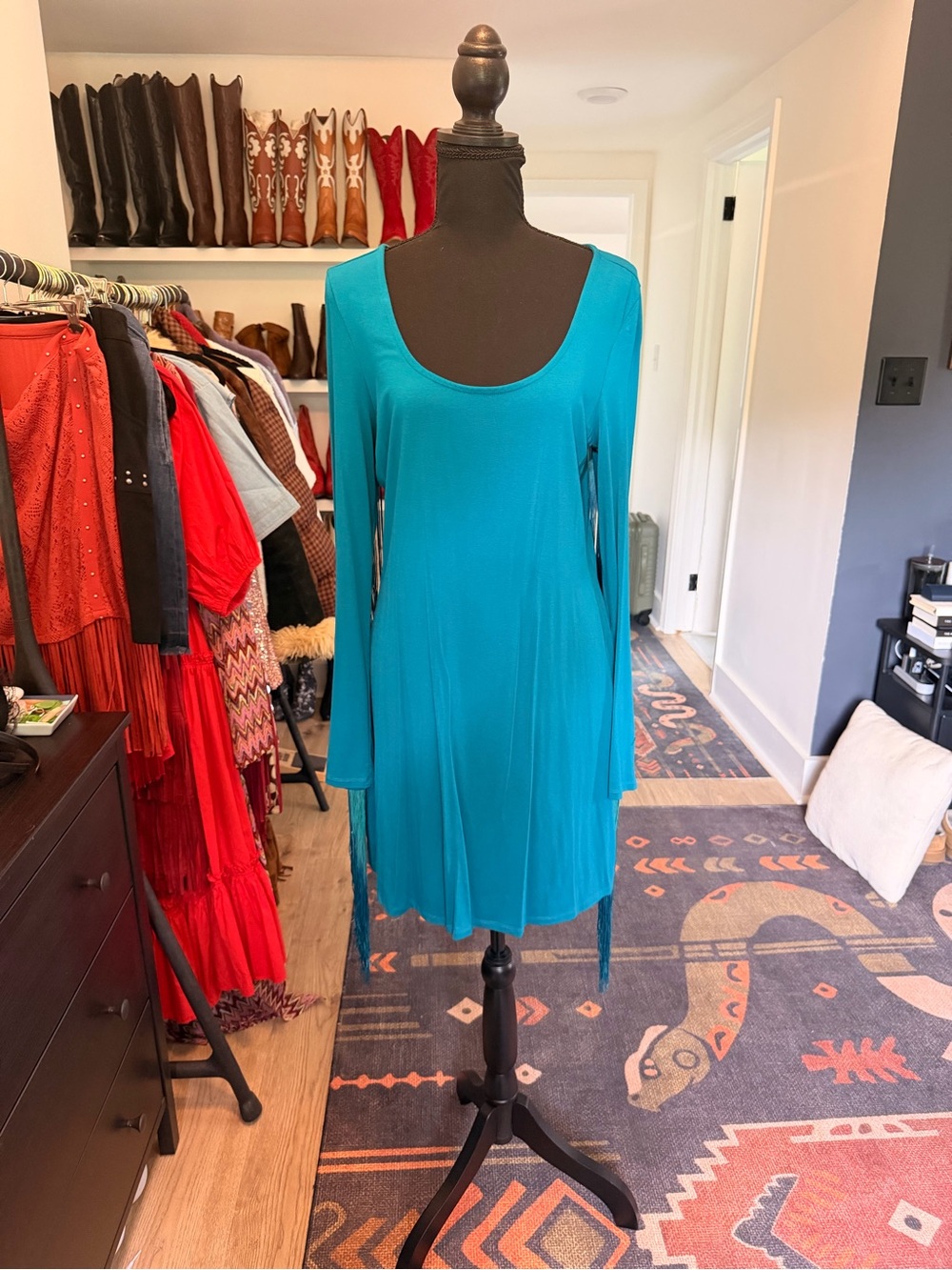 Idyllwind Teal Ombré Fringe Long-Sleeve Mini Dress